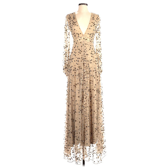 LoveShackFancy Maxi Gown Gold Nude Sequin-Embellished Tulle Janet Dress Sz 0 - Picture 8 of 12